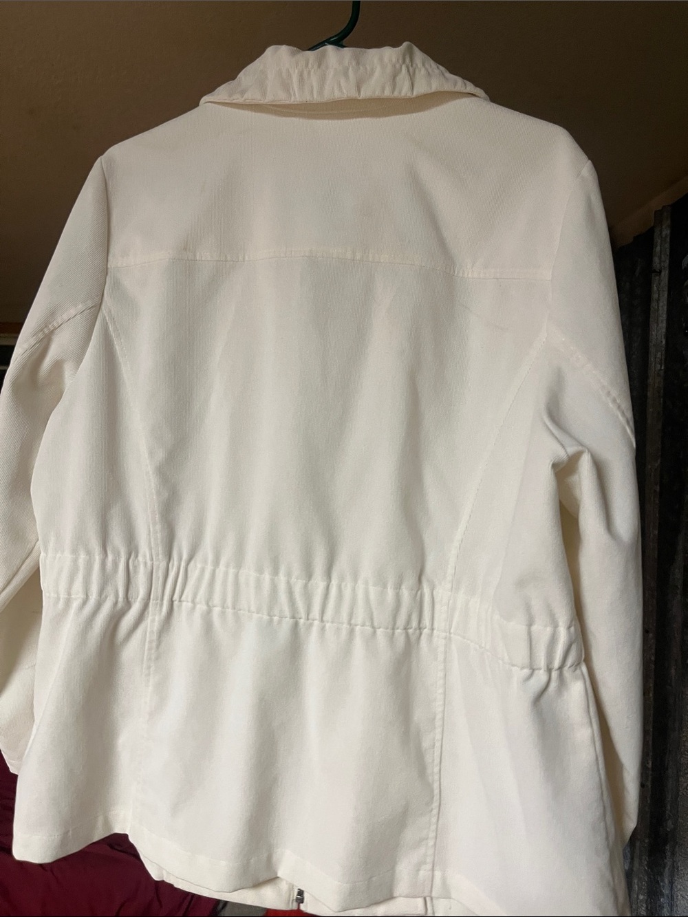 CJ Banks Cream Zip-Front Utility Jacket with Ruffle Collar - Picture 4 of 5